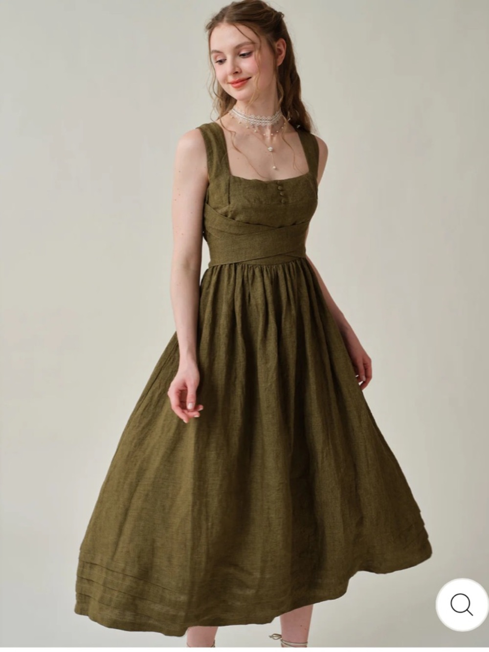 Sleeveless Olive Green Linen Maxi Dress with Square Neck